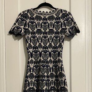 Alaia Paris designer (ALAÏA) blue & white wool jacquard knit midi dress FR38